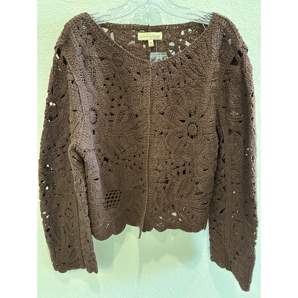 HOUSE OF HARLOW~Womens M Brown Crochet Knit Cardigan Sweater Long Slv~ NWT